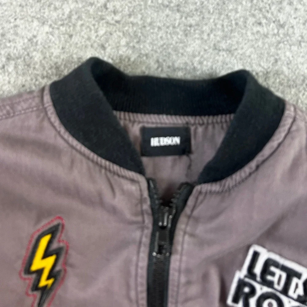 Hudson Kids Gray Rock and Roll Patch Bomber Jacket Size 5 Full Zip Cotton Coat